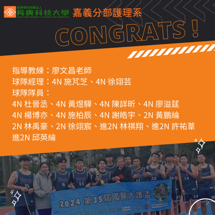 【嘉義分部護理系】賀本系學生參加2024第35屆國醫大護盃獲得男子籃球殿軍