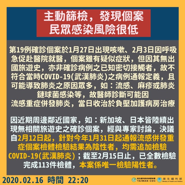 2020.02.16 主動篩檢，發現個案，民眾感染風險很低