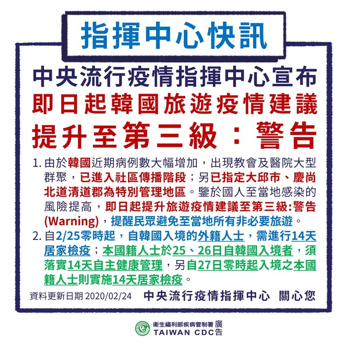2020.02.24 韓國旅遊疫情建議升至第三級警告，非必要勿前往