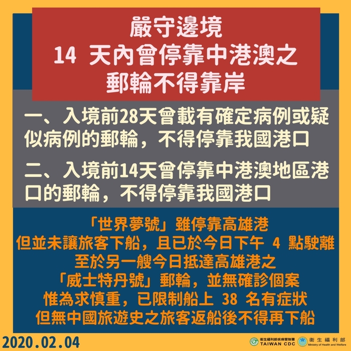 2020.02.04 嚴守邊境14天曾停緝中港澳之郵輪不得靠岸
