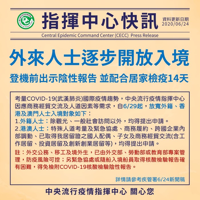 2020.06.24 外來人士逐步開放入境，登機前出示陰性報告，並配合居家檢疫14天